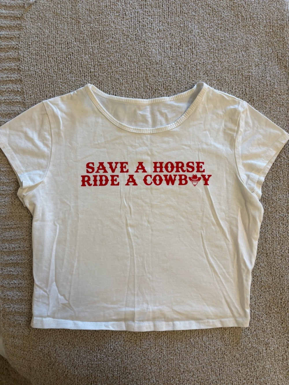 White Crop Tee with Red 'Save a Horse Ride a Cowboy' Graphic